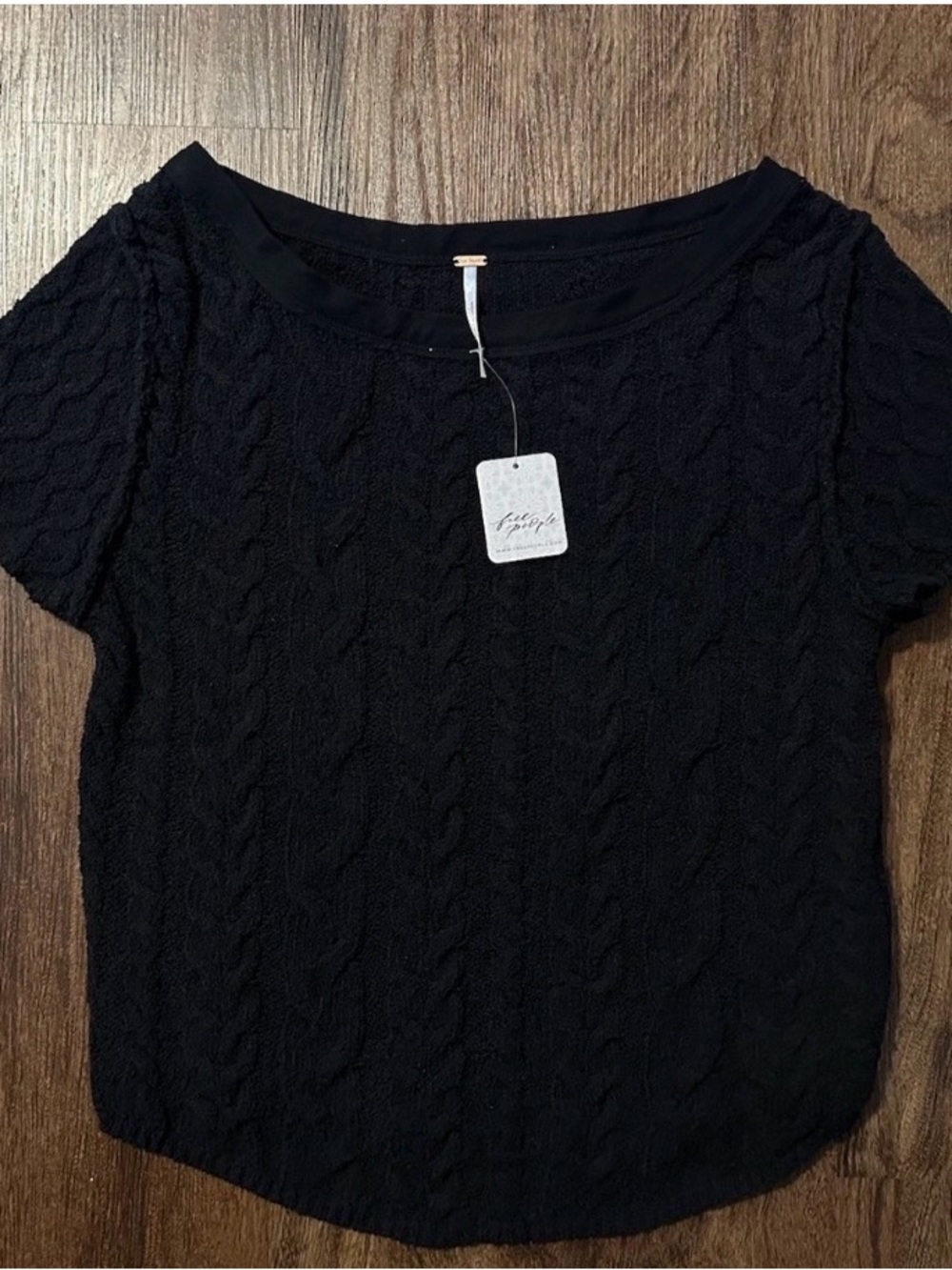 Free People Black Short-Sleeve Cable Knit Scoop Neck Top